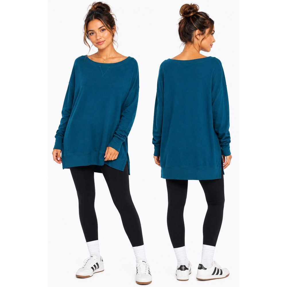 Terra & Sky Sweatshirt Women 1X Blue Crewneck High Low Side Slit Loungewear